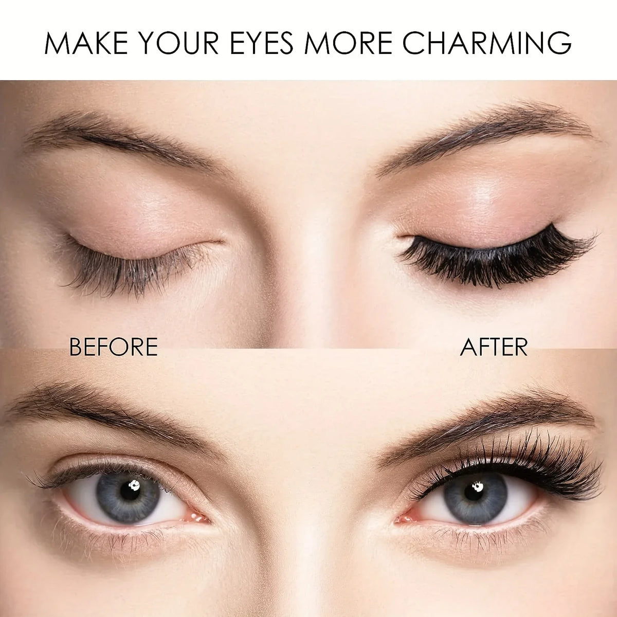 Before and after comparison showing how a magnetic eyelash kit enhances the eyes.