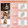 Three lighting modes of an LED trifold makeup mirror shown for party, outdoor, and office use.