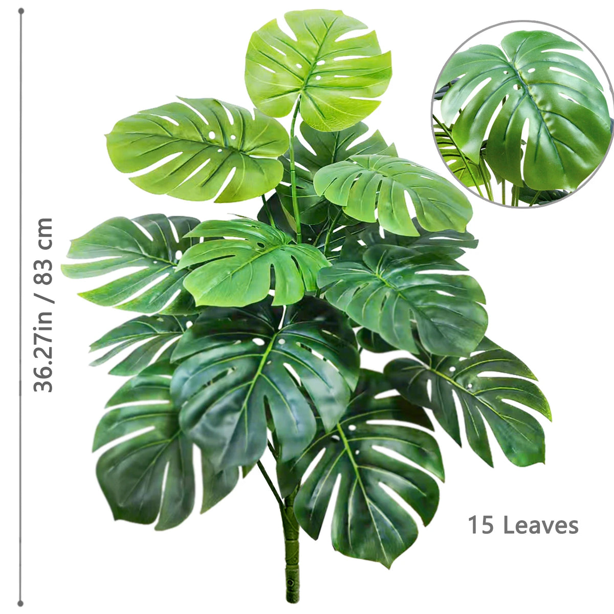 Artificial Monstera plant with silk green leaves shown in a potted form.