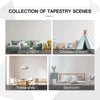 A collection of tapestry scenes including a living room, children's room, restaurant, and bedroom.