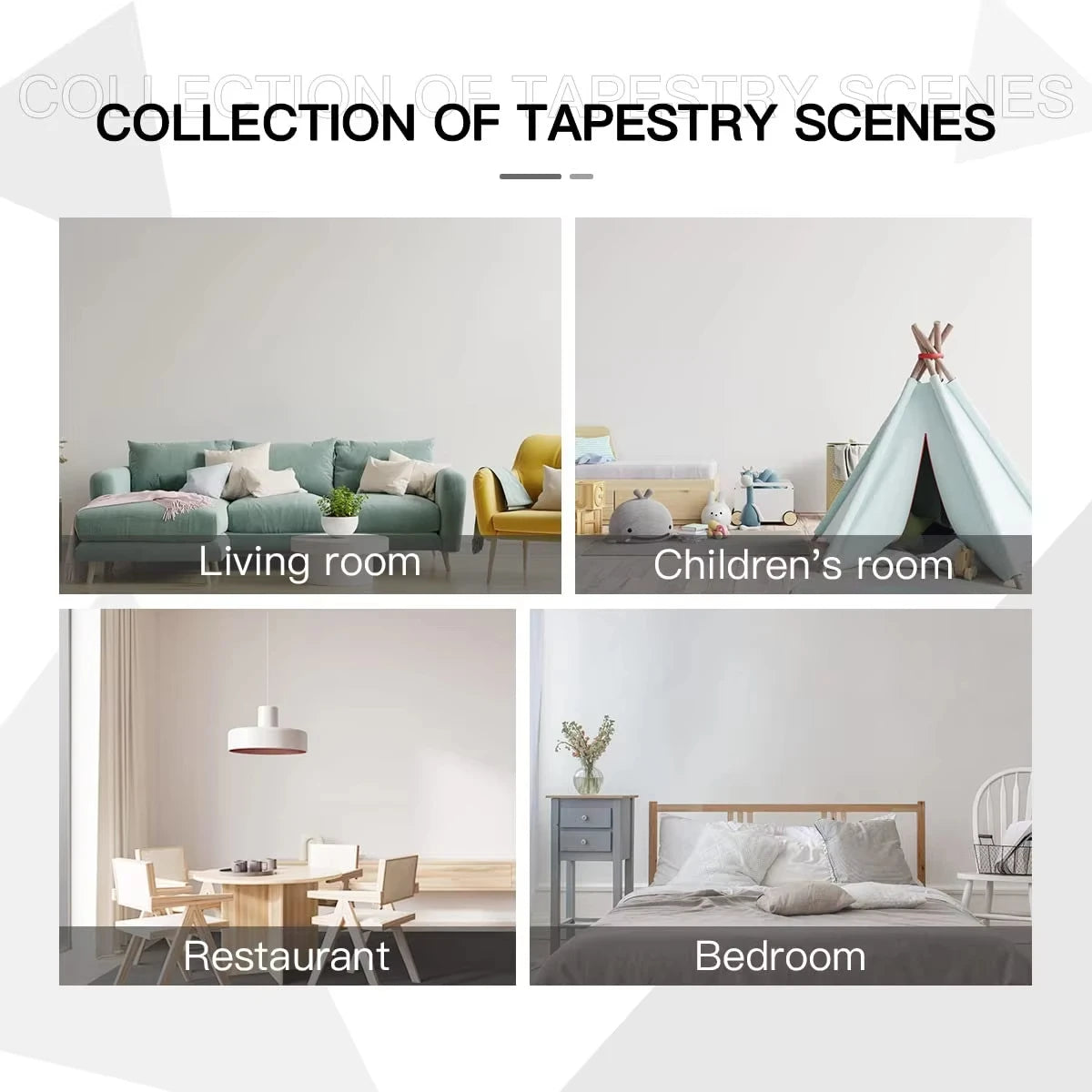 A collection of tapestry scenes including a living room, children's room, restaurant, and bedroom.