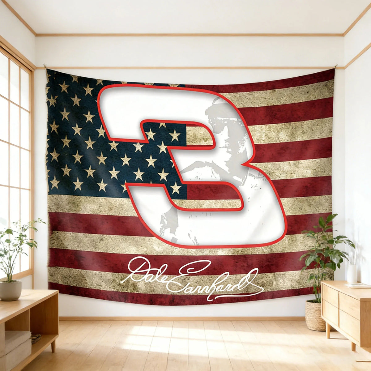 A large banner featuring the number 3 and American flag stripes in distressed tones, signed by Dale Earnhardt Sr.