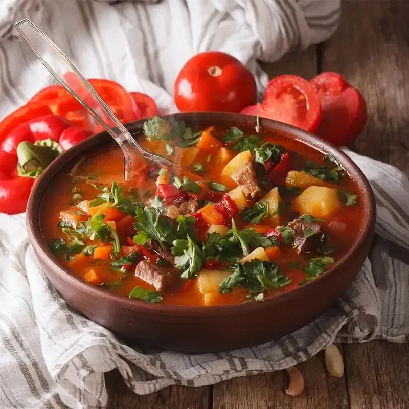 A bowl of hearty tomato soup garnished with fresh herbs and served alongside whole tomatoes.