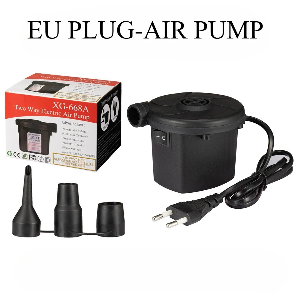 Ein schwarzes EU-Stecker-Luftpumpp Gerät und Zubehör neben seiner Verpackung.