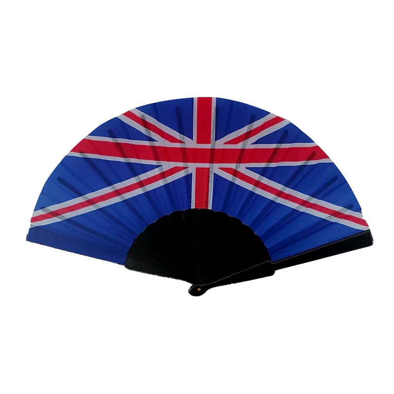 A handheld folding fan featuring the design of the Union Jack flag.