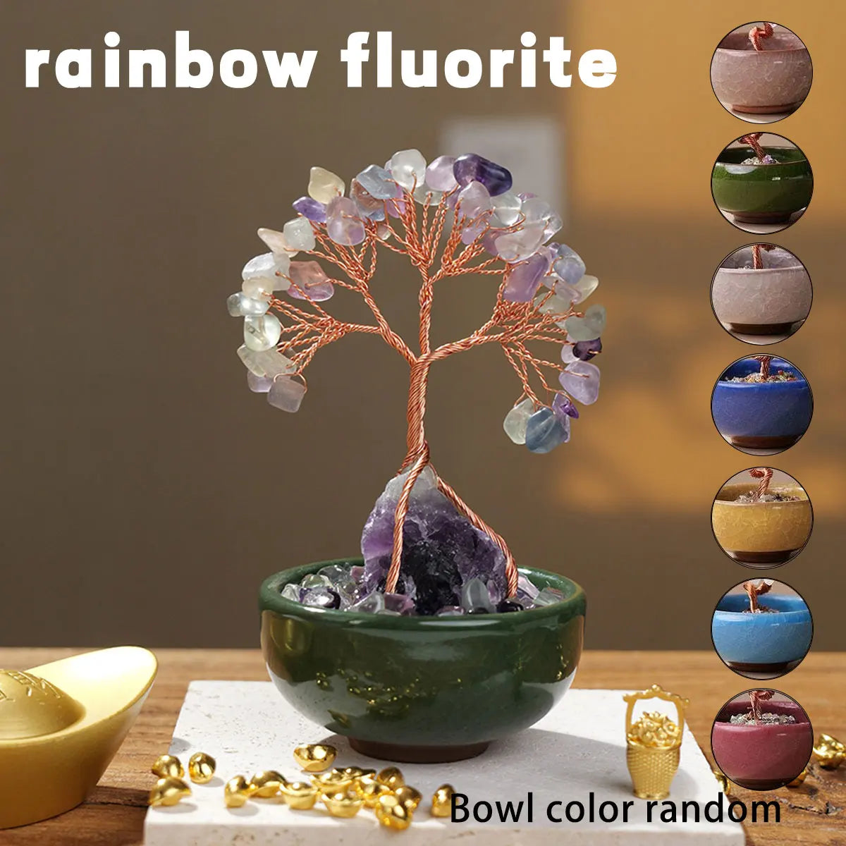 Rainbow fluorite crystal tree in a green bowl with various colored crystals and gold coins