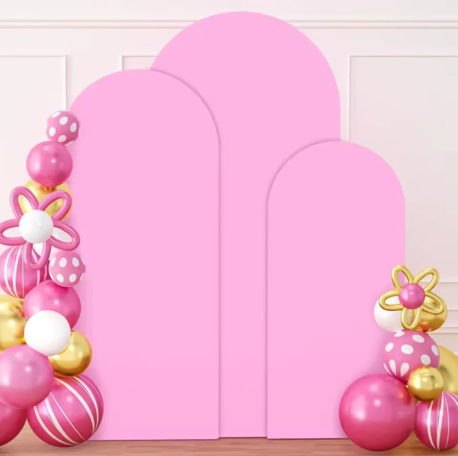 Pink spandex wedding arch cover set of three with gold and white balloons