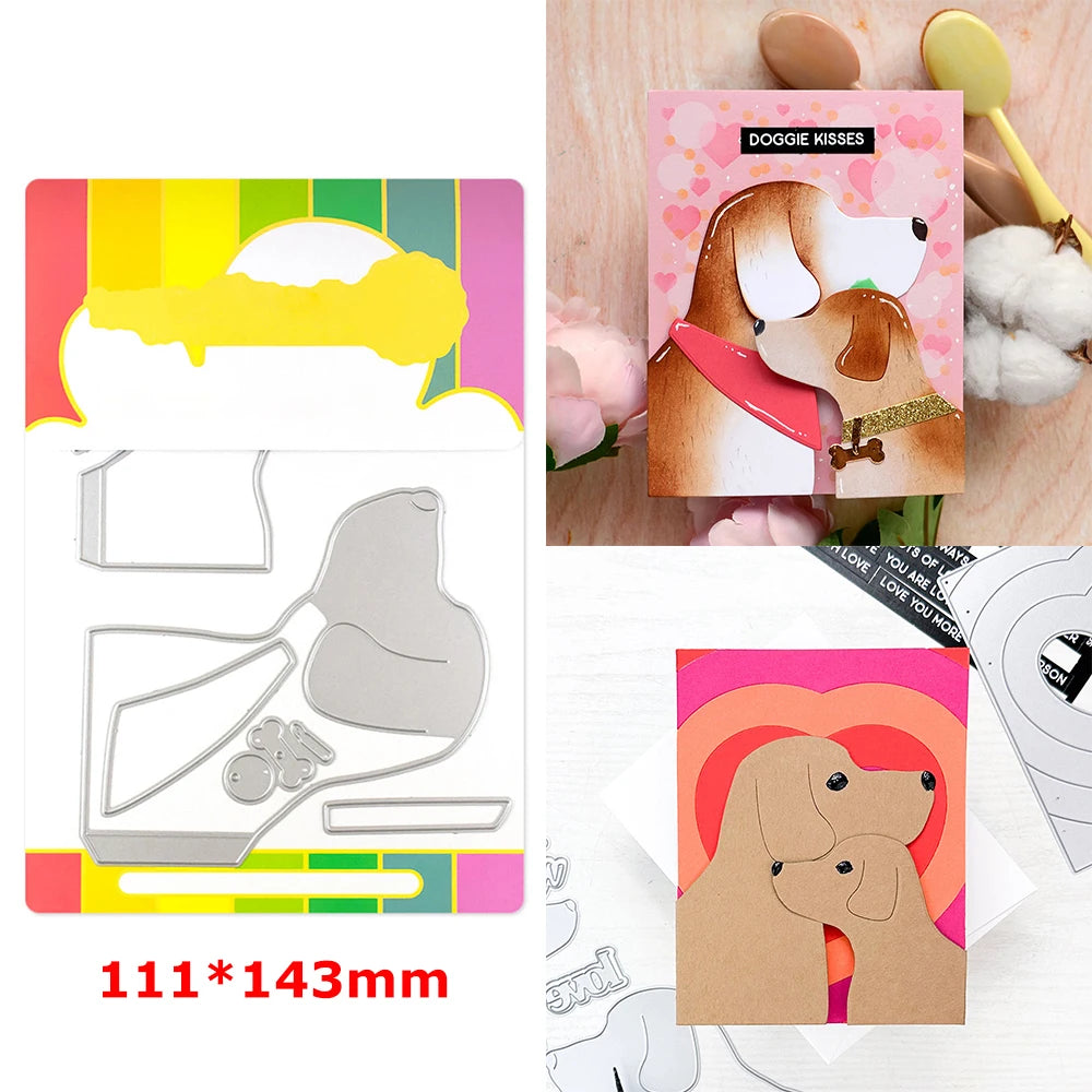 A set of floral love words stencils and stamps for DIY scrapbooking featuring a dog illustration.
