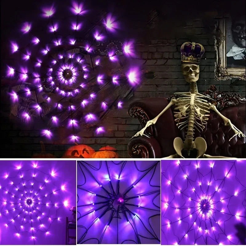 A skull figure is displayed next to a large purple LED spider web light installation for Halloween decor.