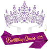 A sparkling purple rhinestone tiara crown and a matching birthday queen sash