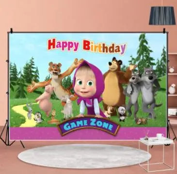 A colorful banner featuring cartoon bears celebrating a happy birthday in a game zone setting.