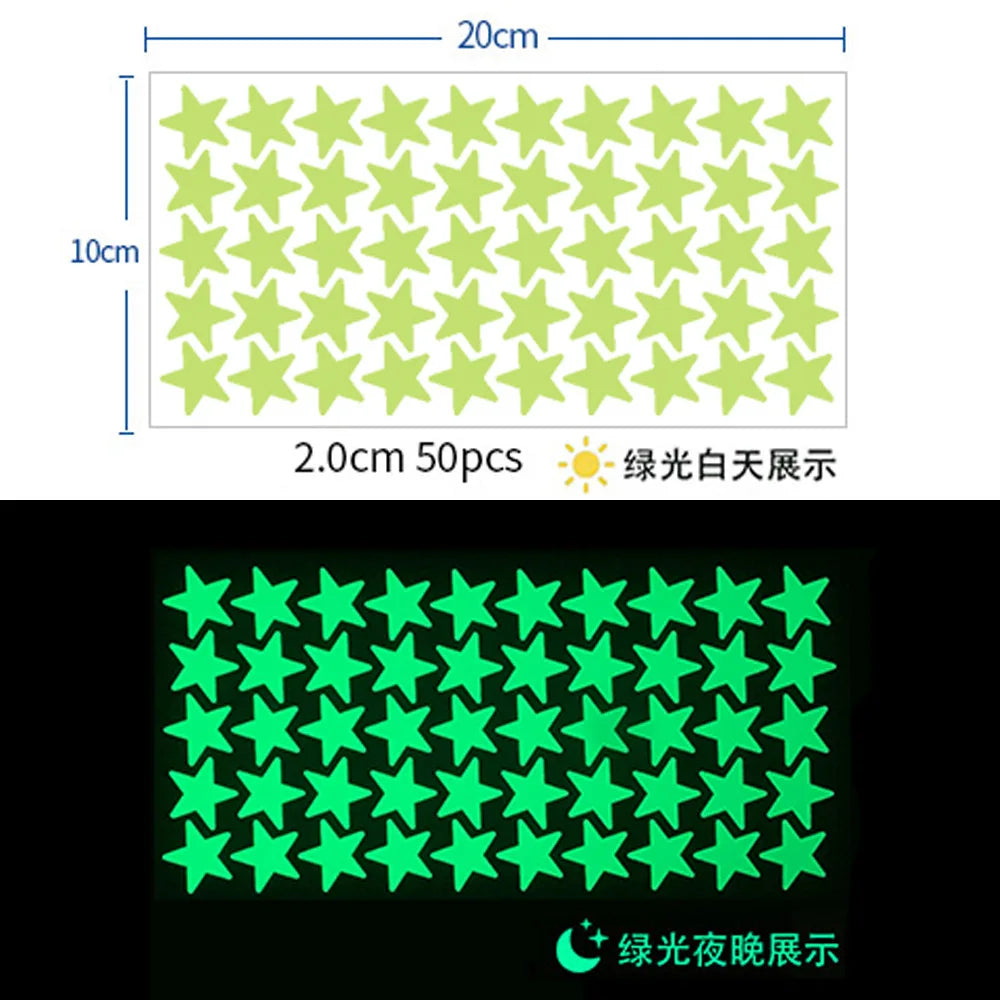 A grid of 50 light green stars and a grid of 50 bright green stars, demonstrating glow-in-the-dark features.