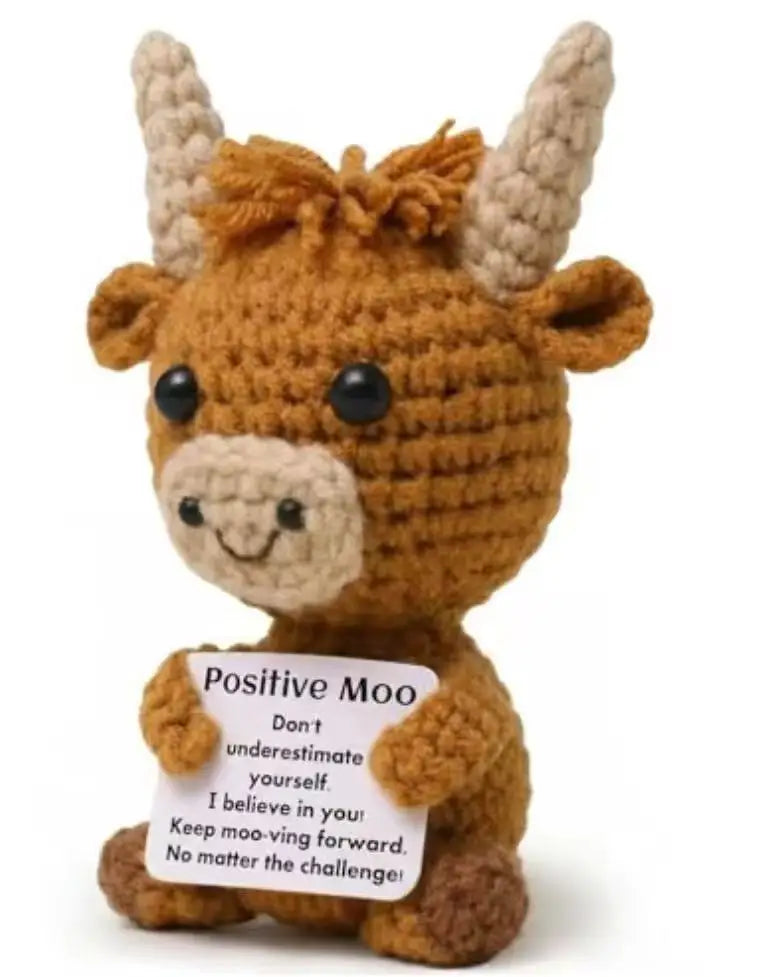 Handmade crochet brown moo doll with horns and a positivity card