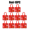 Red 10-piece set of Merry Christmas gift bags with handles in festive red and gold patterns