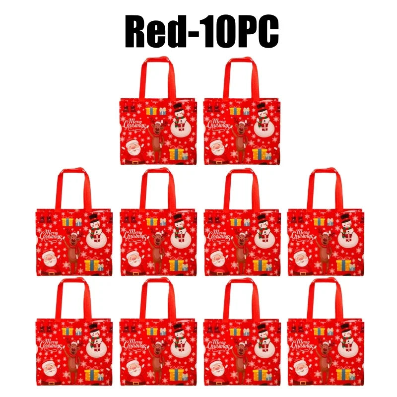 Red 10-piece set of Merry Christmas gift bags with handles in festive red and gold patterns