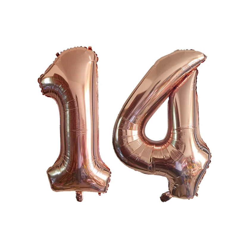 Two metallic rose gold foil number balloons, 1 and 4, against a white background.