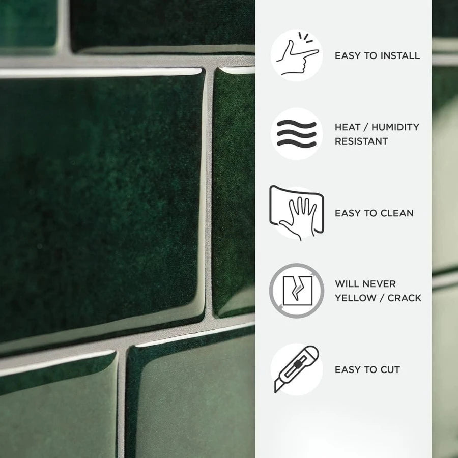 A white panel listing features benefits like easy installation, heat/humidity resistance, easy cleaning, and durability for p