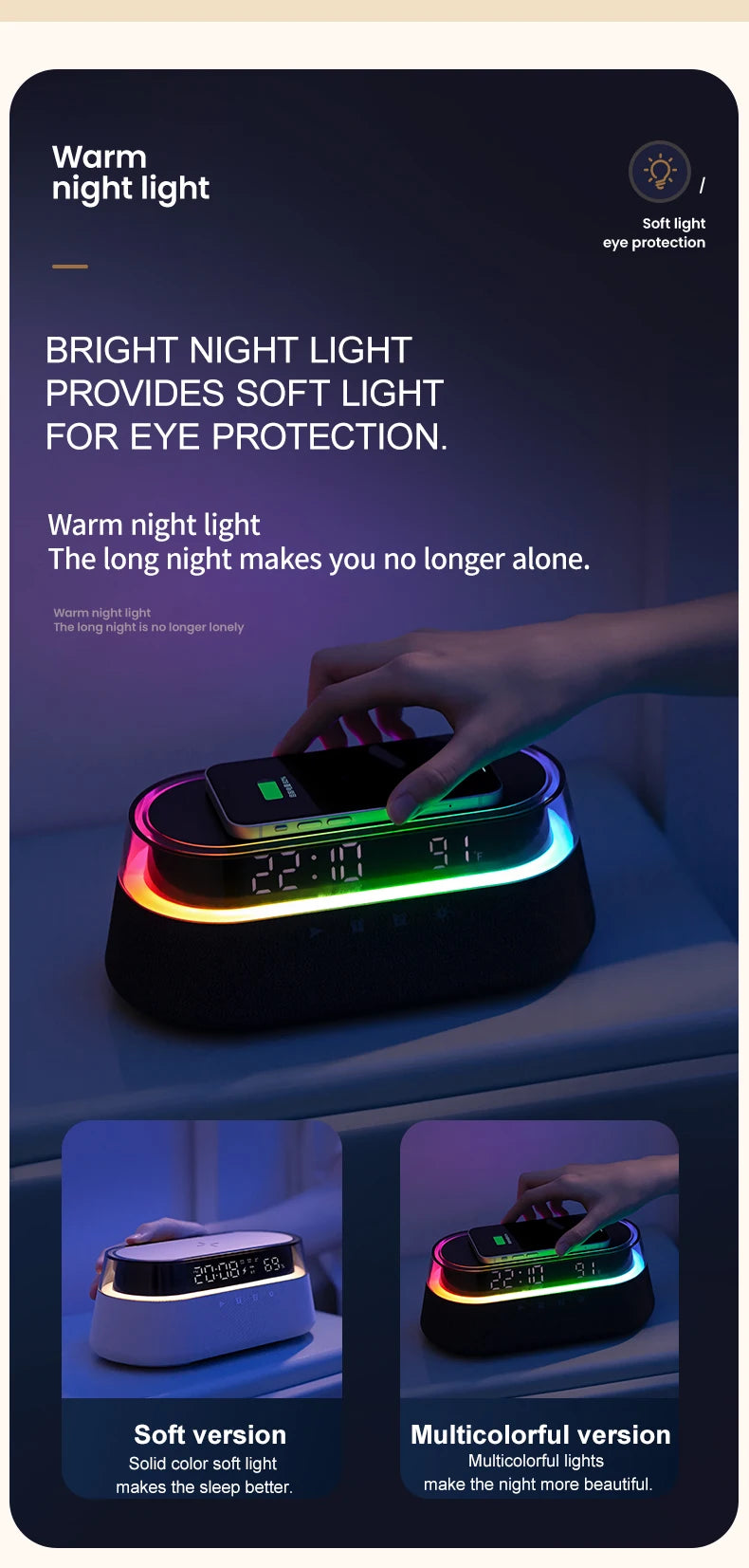 A hand is interacting with a black speaker lamp that emits warm night light and features a digital display.