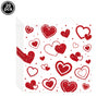 A sheet of red heart letter balloons with a foil finish, featuring various sized hearts scattered on a white background.