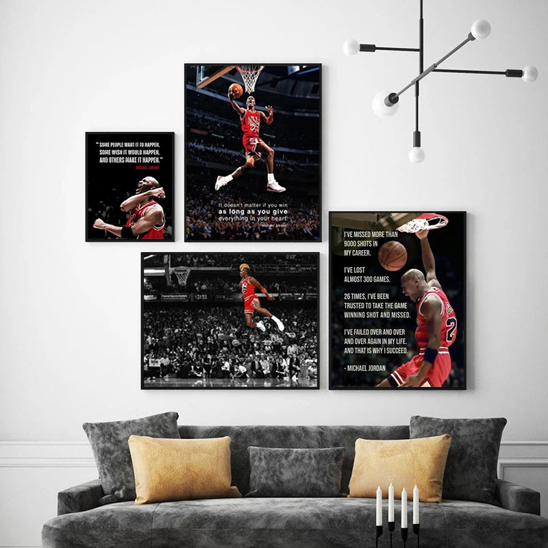 A gallery wall featuring three framed basketball slam dunk artwork with Michael Jordan and other players.