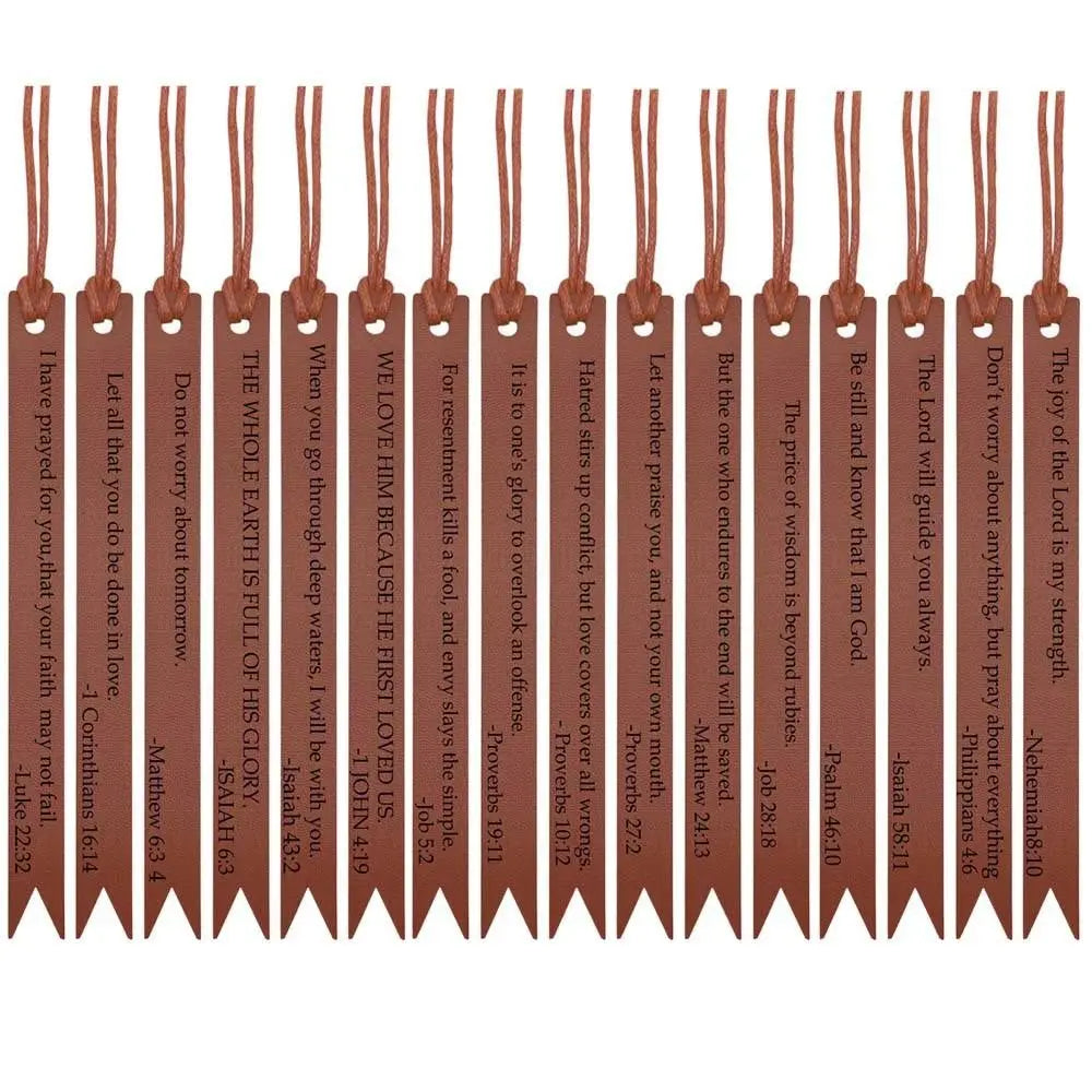A set of premium leather bible bookmarks in various shades of brown and tan.