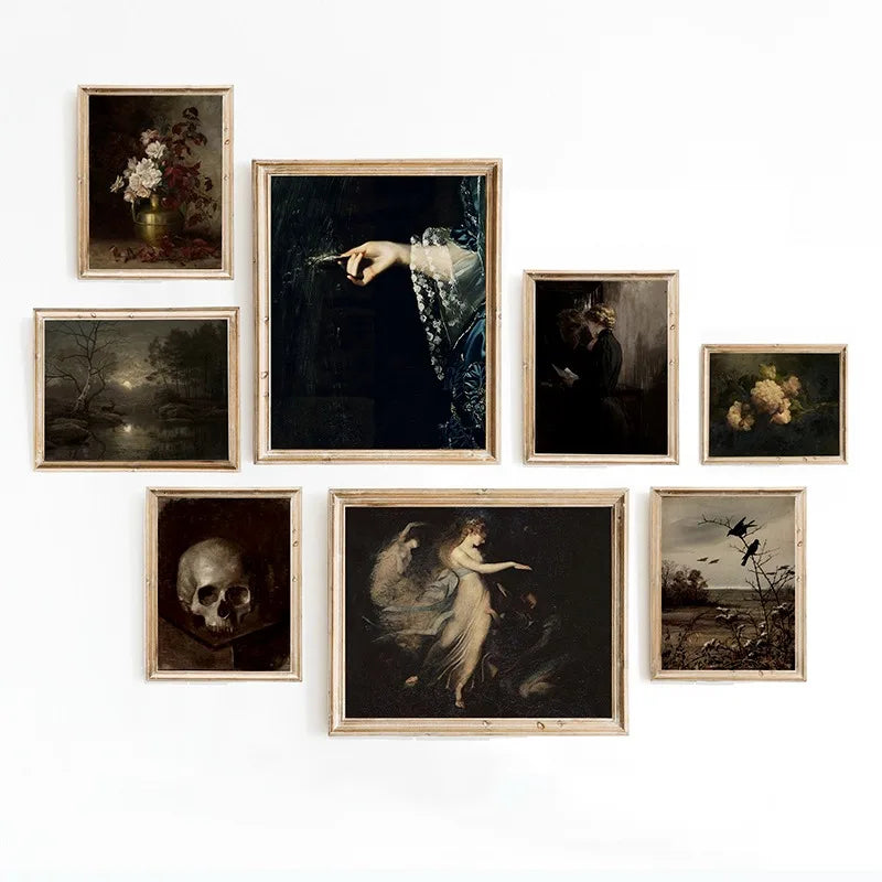 A collection of nine framed dark academia vintage canvas prints featuring moody Victorian-style paintings and figures.