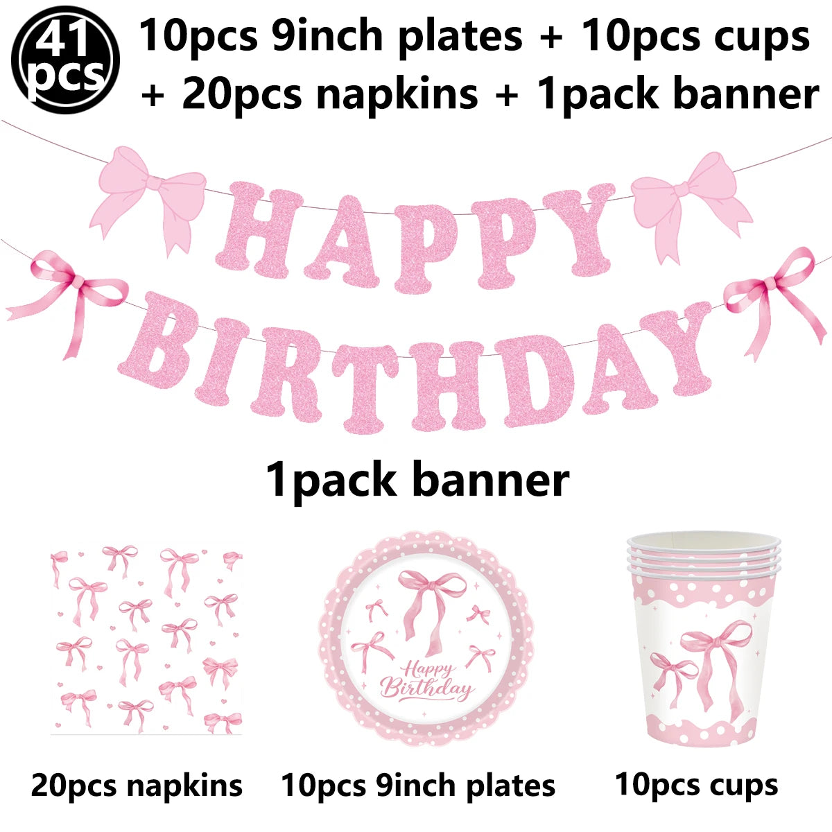 Pink bow themed birthday party supplies set including plates cups napkins and a banner