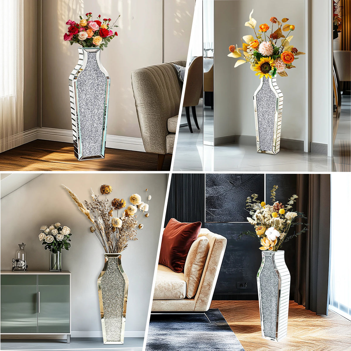 Crushed Diamond Mirrored Floor Vase