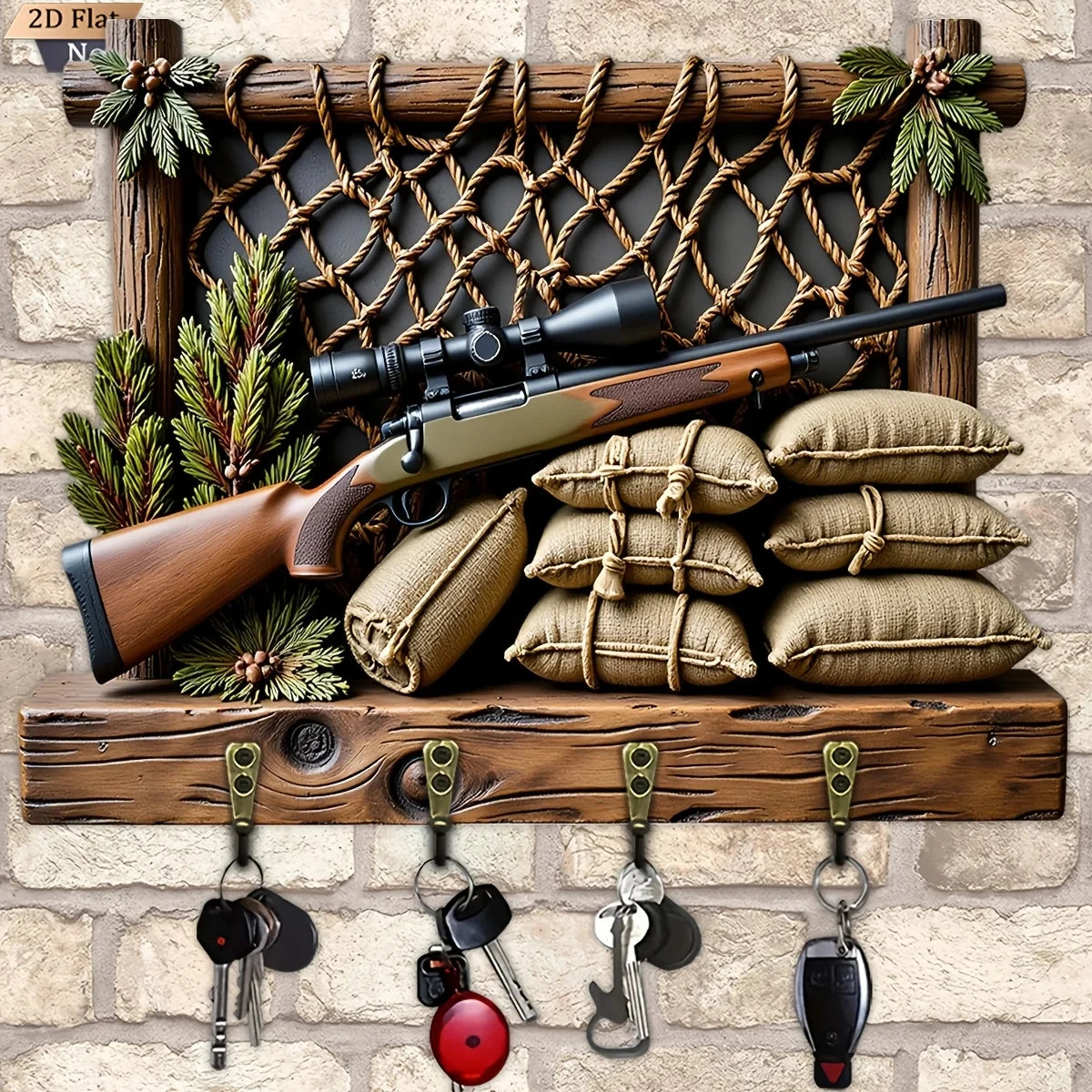 A vintage wooden key hook set displayed on a rustic wooden shelf with various keys hanging below.