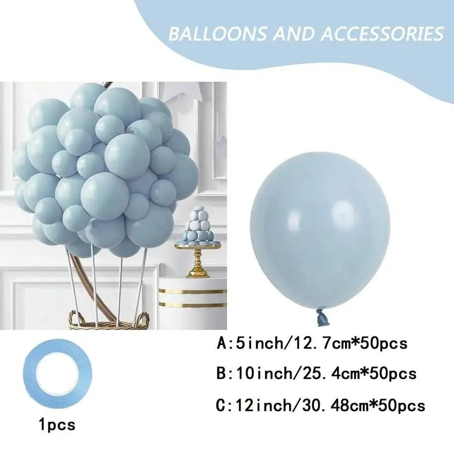 A set of dusty blue latex balloons in various sizes including 5 inch, 10 inch, and 12 inch balloons for party decorations