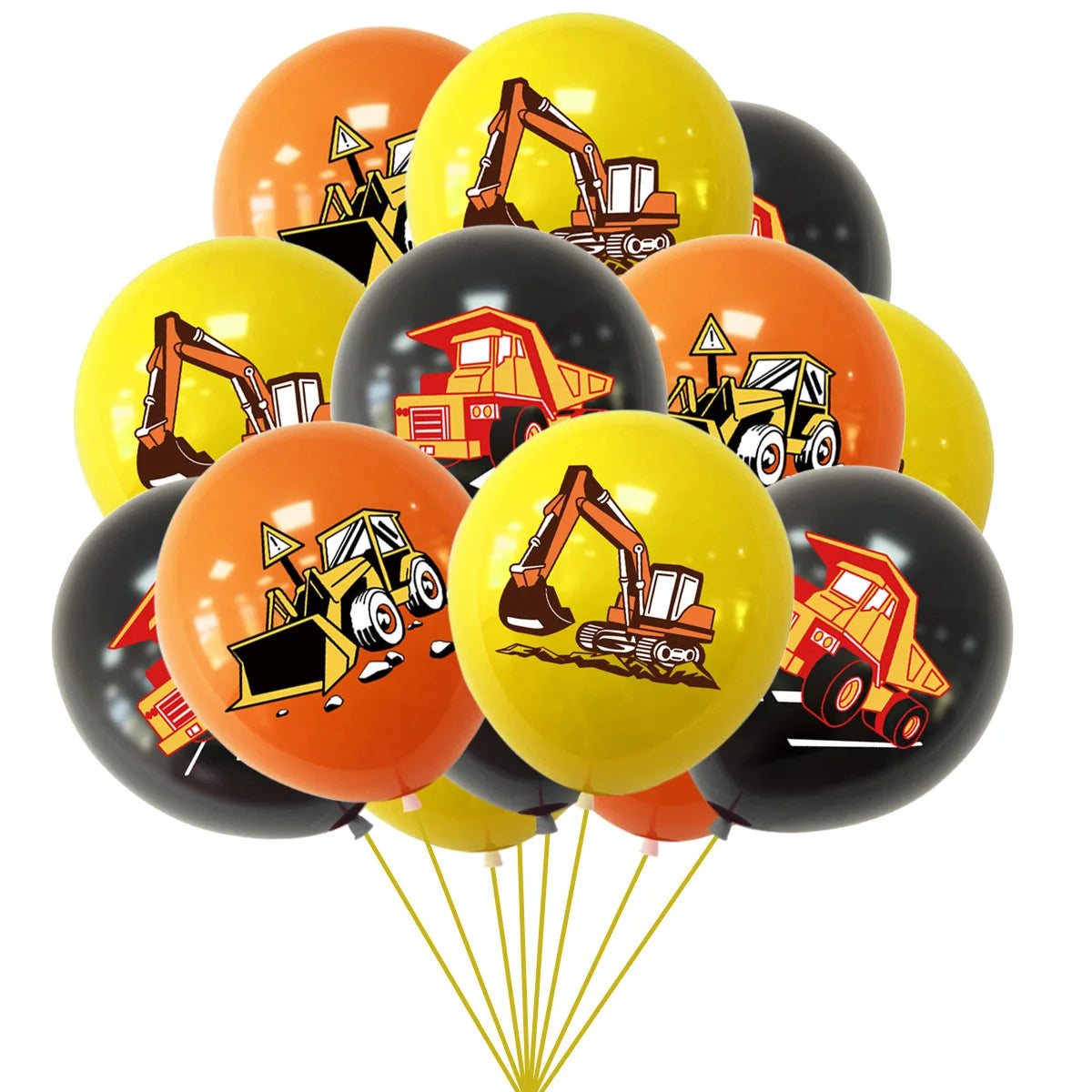 A bunch of orange and yellow latex balloons shaped like construction tractors and excavators.