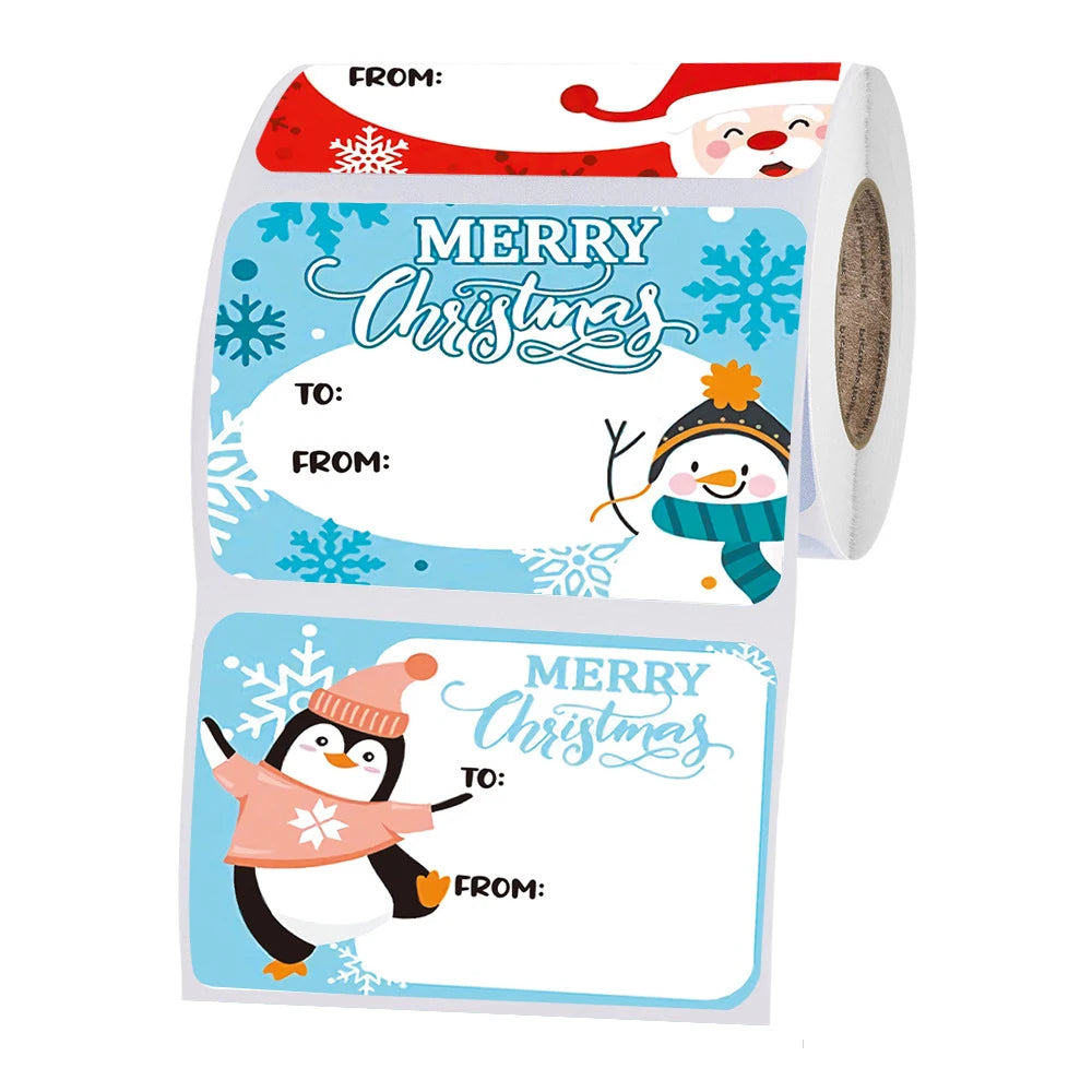Roll of merry christmas decorative stickers for gift wrapping and tags featuring winter themes