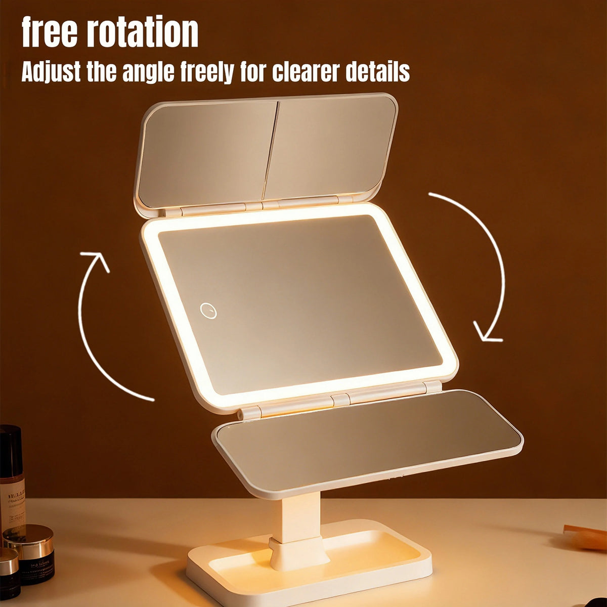 A triple fold LED makeup mirror with adjustable angle shown on a wooden surface.