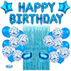 A set of blue and silver balloons spelling out Happy Birthday with a sparkling blue background.
