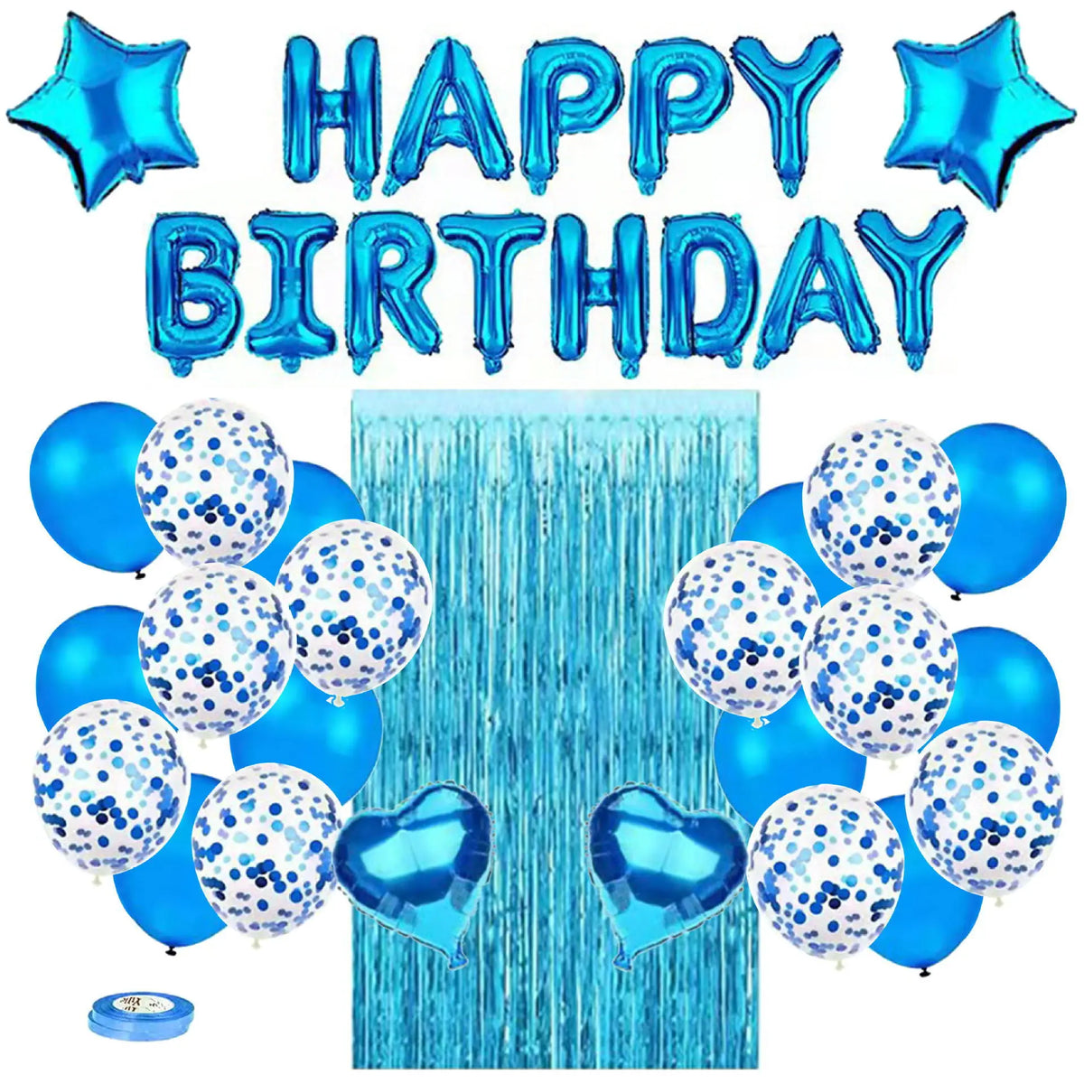 A set of blue and silver balloons spelling out Happy Birthday with a sparkling blue background.