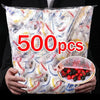 A bag of 500 disposable elastic bowl covers with food wrap in multicolor, held by a person.