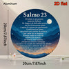 A circular aluminum wall art piece featuring a Psalm 23 verse in white text against a dark blue background with a crescent mo