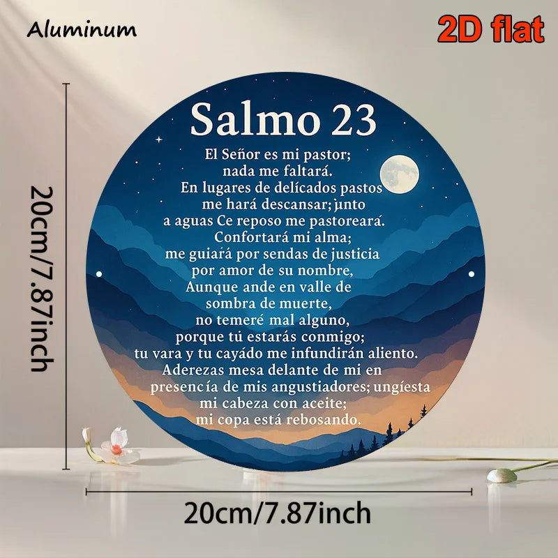 A circular aluminum wall art piece featuring a Psalm 23 verse in white text against a dark blue background with a crescent mo