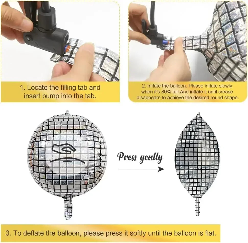 Instructions showing how to inflate and deflate silver disco ball foil balloons