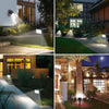 Multiple images showing solar powered motion sensor spotlights illuminating gardens and pathways at night.