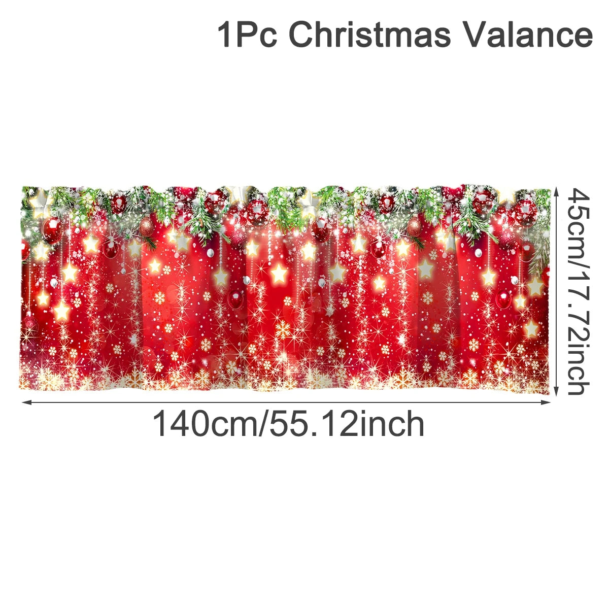 Festive Christmas valance featuring red fabric adorned with sparkling lights and greenery.