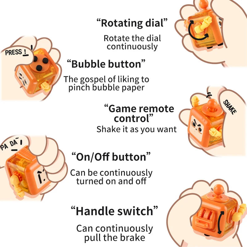 A collection of fidget cube mechanisms demonstrating rotating dials, bubble buttons, game remote controls, on/off buttons, an