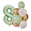 A cluster of olive green and gold foil balloons shaped like numbers for parties and celebrations.