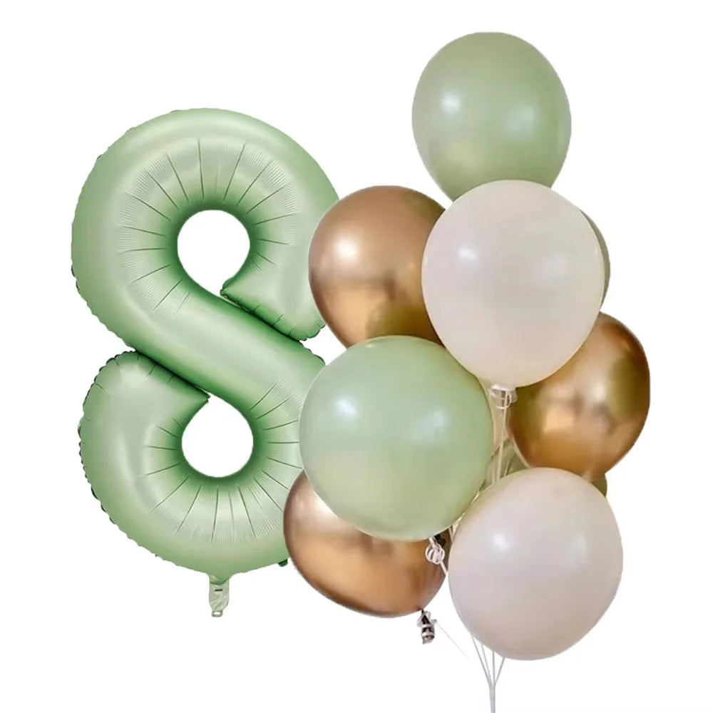 A cluster of olive green and gold foil balloons shaped like numbers for parties and celebrations.
