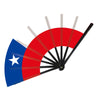 A folding cheering fan featuring the flags of South American countries, with red and blue stripes radiating outward.
