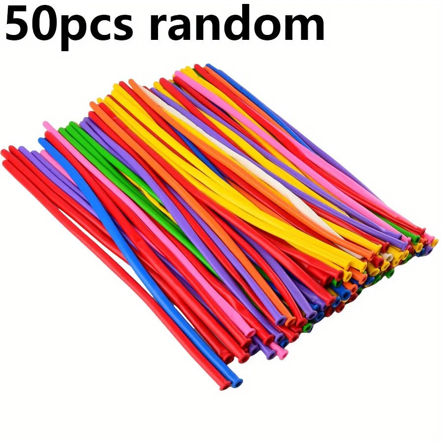 A pile of 50 random colored latex modeling balloons in various bright colors.