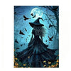 A dark silhouette of a witch with long flowing hair and a wide hat stands in a spooky garden under a full moon.