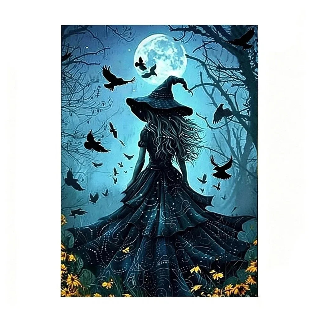 A dark silhouette of a witch with long flowing hair and a wide hat stands in a spooky garden under a full moon.