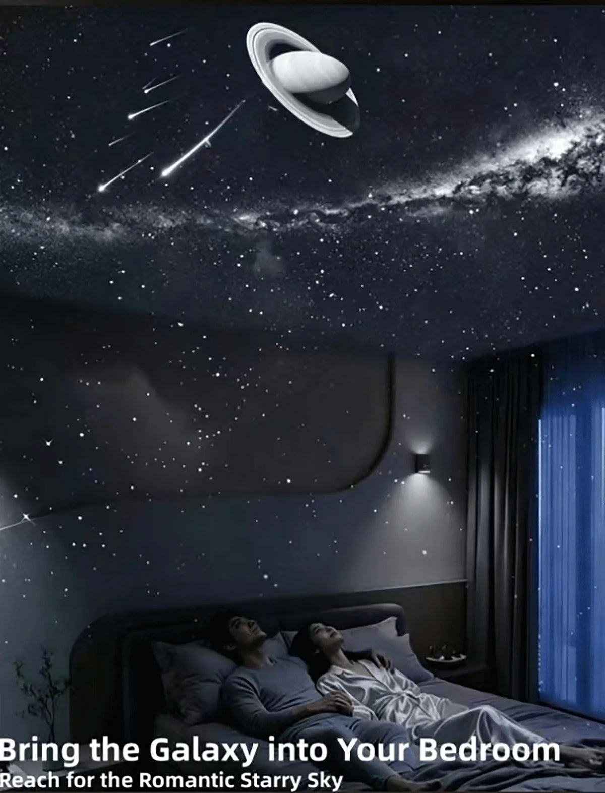 A galaxy projector and night light illuminates a starry sky on a bedroom wall.