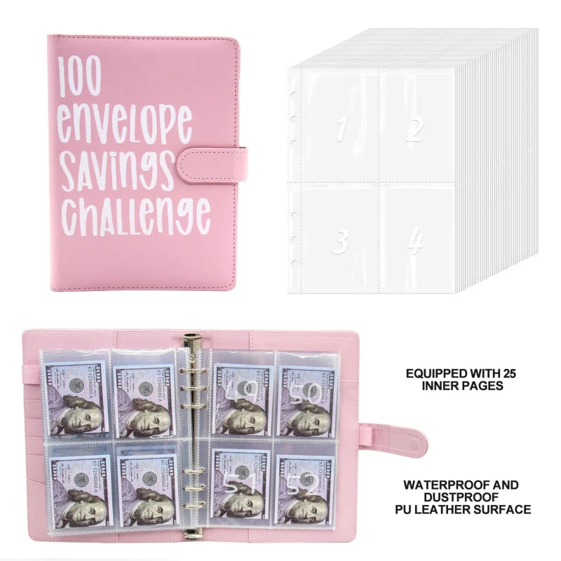 Pink budget savings binder with 25 inner pages and cash envelopes